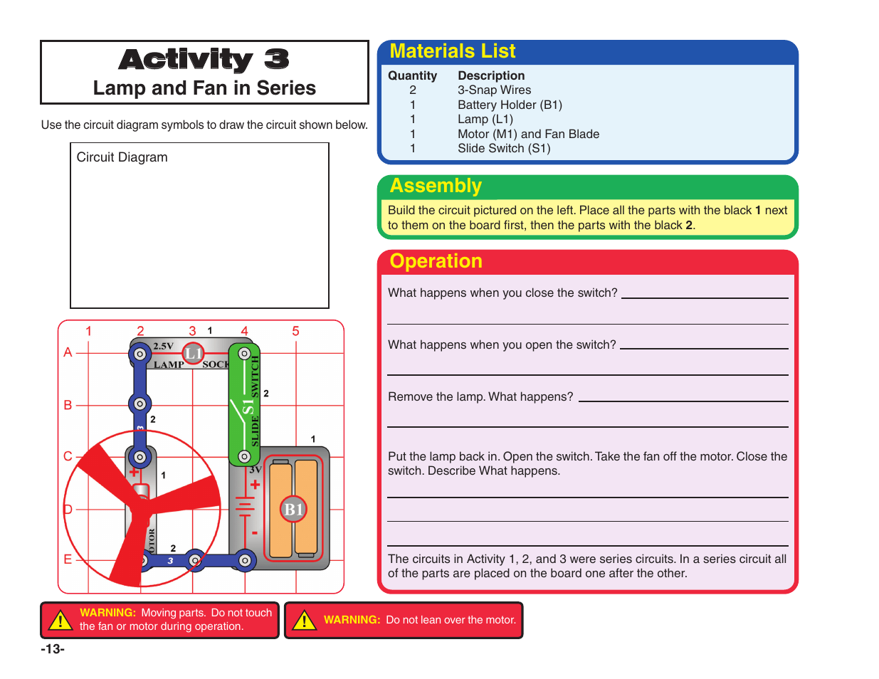 Activity 3, Lamp and fan in series, Materials list | Assembly, Operation | Elenco Snap Circuits® Home Learning User Manual | Page 14 / 48