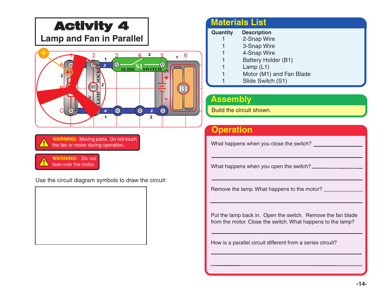 Activity 4, Lamp and fan in parallel, Materials list | Assembly, Operation | Elenco Snap Circuits® Home Learning User Manual | Page 15 / 48