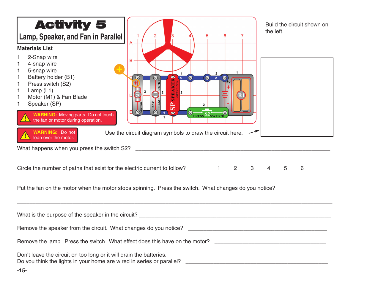 Activity 5, Lamp, speaker, and fan in parallel | Elenco Snap Circuits® Home Learning User Manual | Page 16 / 48