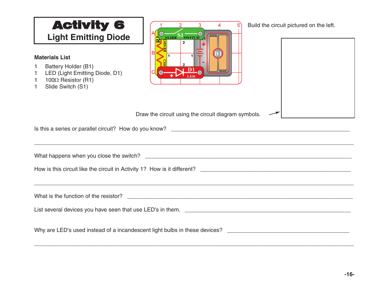 Activity 6, Light emitting diode | Elenco Snap Circuits® Home Learning User Manual | Page 17 / 48