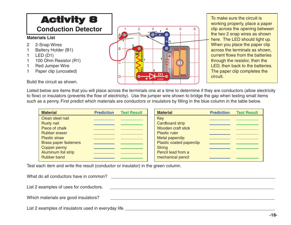 Activity 8, Conduction detector | Elenco Snap Circuits® Home Learning User Manual | Page 19 / 48