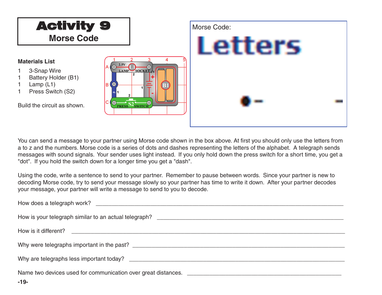 Activity 9, Morse code | Elenco Snap Circuits® Home Learning User Manual | Page 20 / 48