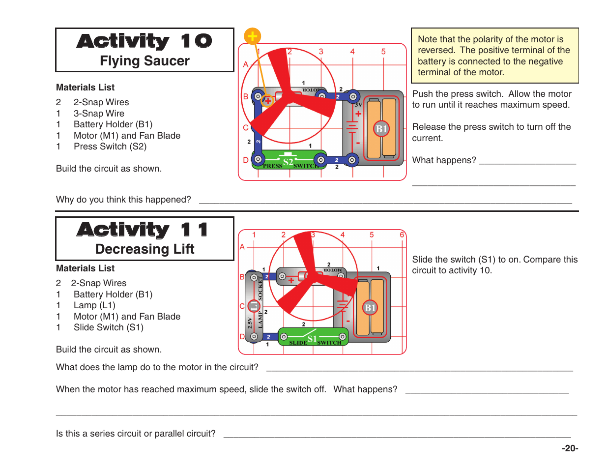 Activity 10, Activity 11, Flying saucer | Decreasing lift | Elenco Snap Circuits® Home Learning User Manual | Page 21 / 48