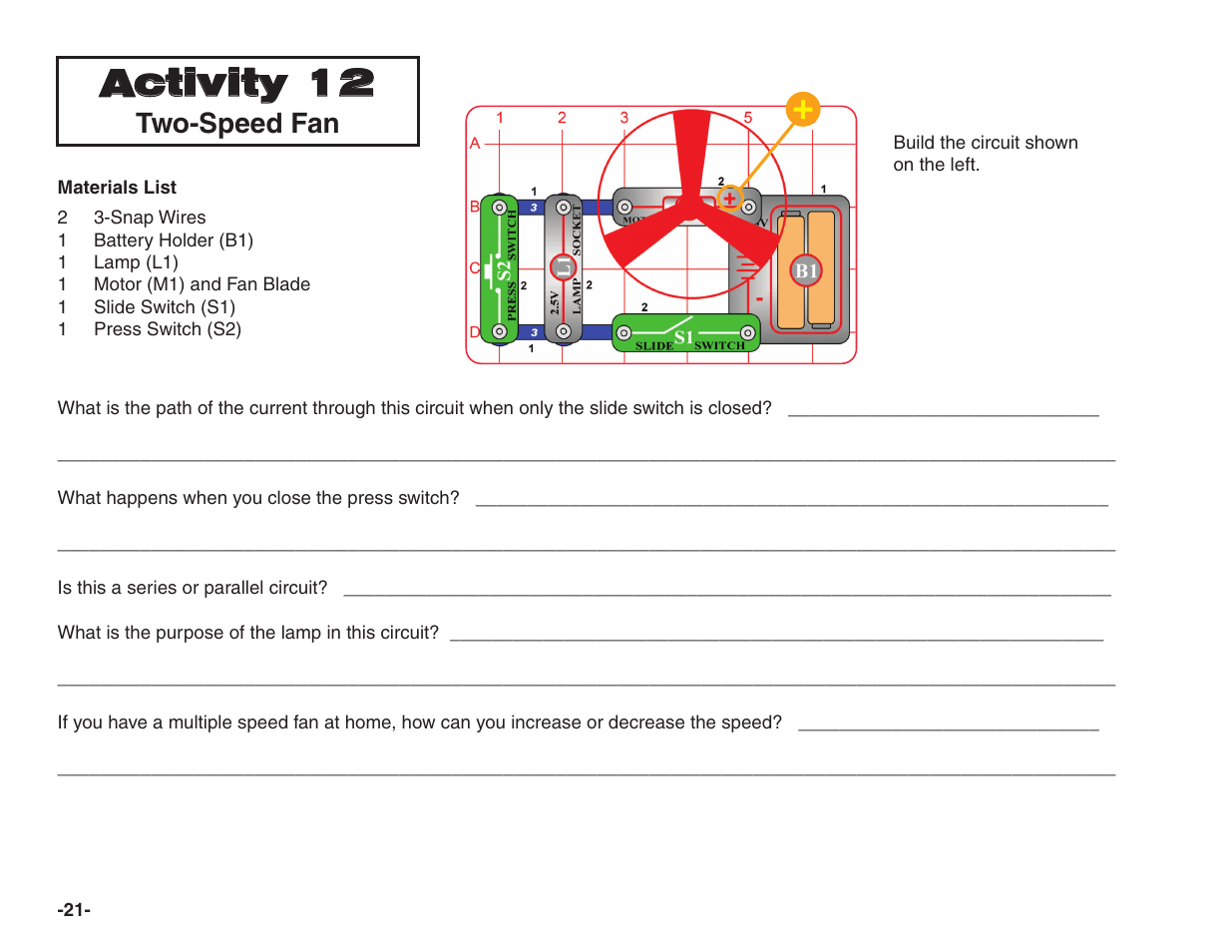 Activity 12, Two-speed fan | Elenco Snap Circuits® Home Learning User Manual | Page 22 / 48