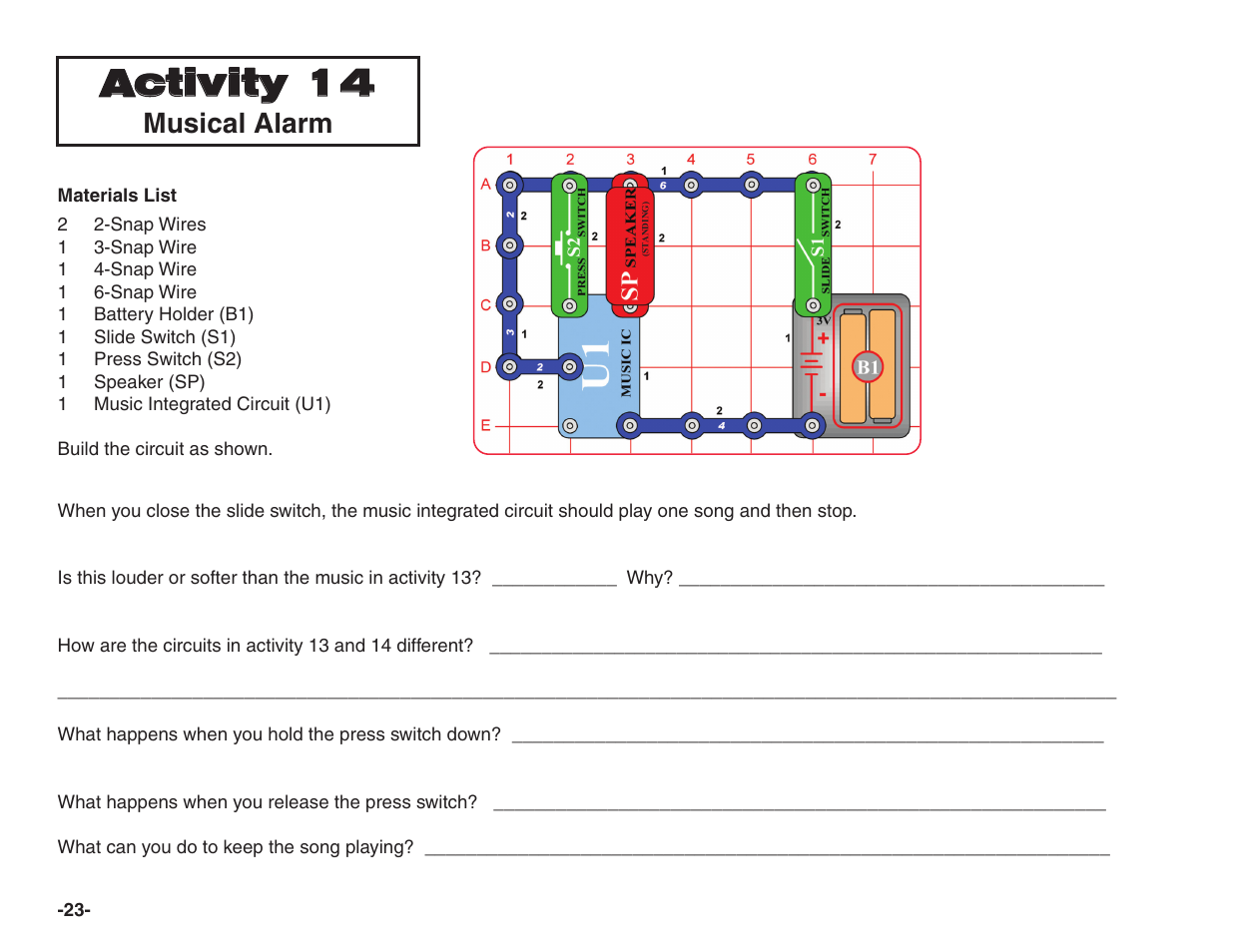 Activity 14, Musical alarm | Elenco Snap Circuits® Home Learning User Manual | Page 24 / 48