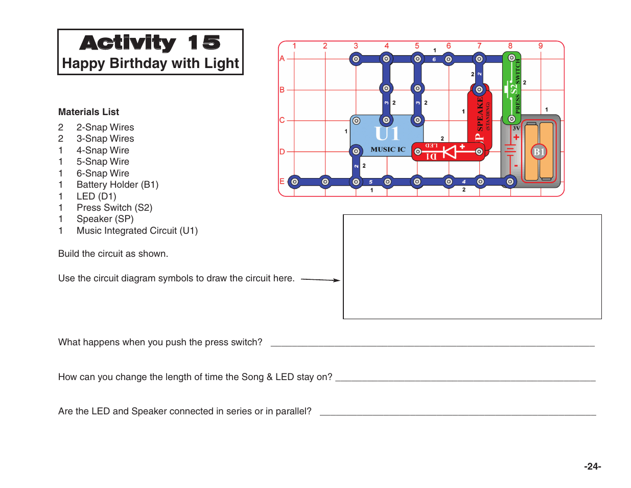 Activity 15, Happy birthday with light | Elenco Snap Circuits® Home Learning User Manual | Page 25 / 48