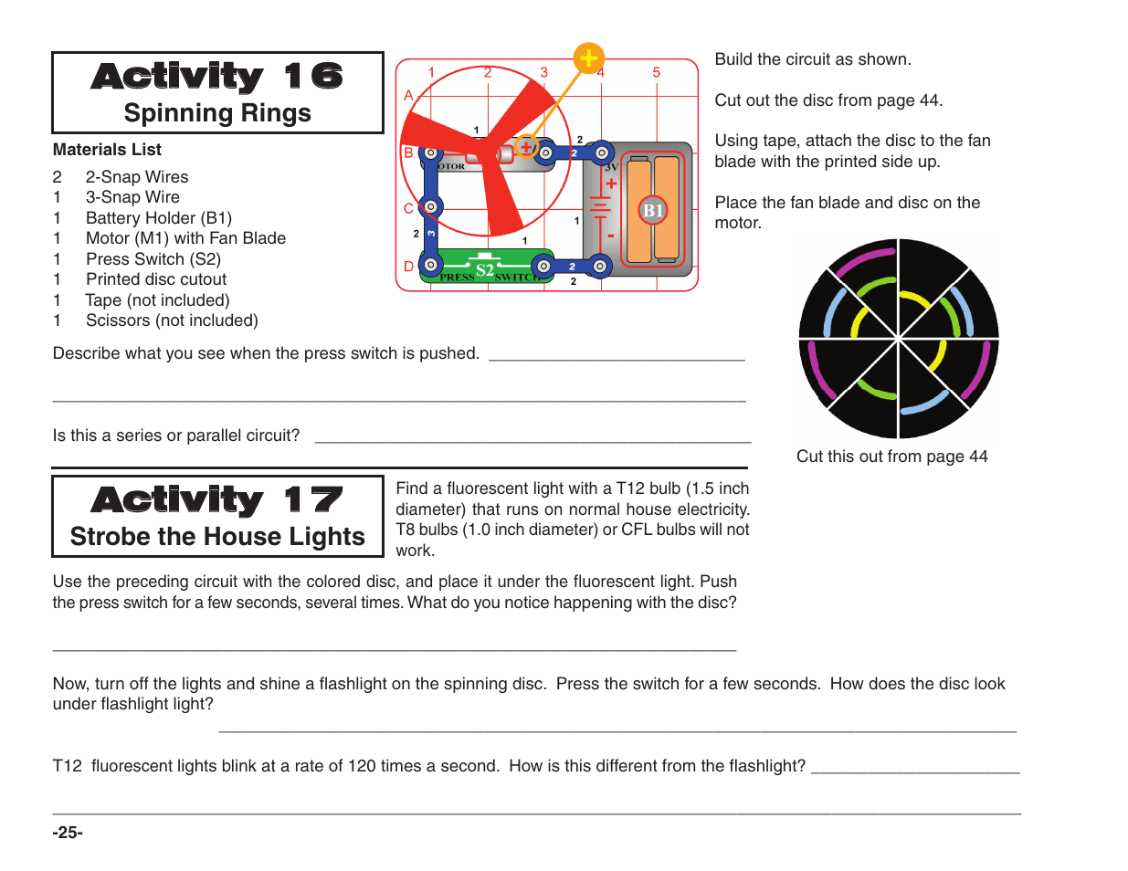 Activity 16, Activity 17, Spinning rings | Strobe the house lights | Elenco Snap Circuits® Home Learning User Manual | Page 26 / 48