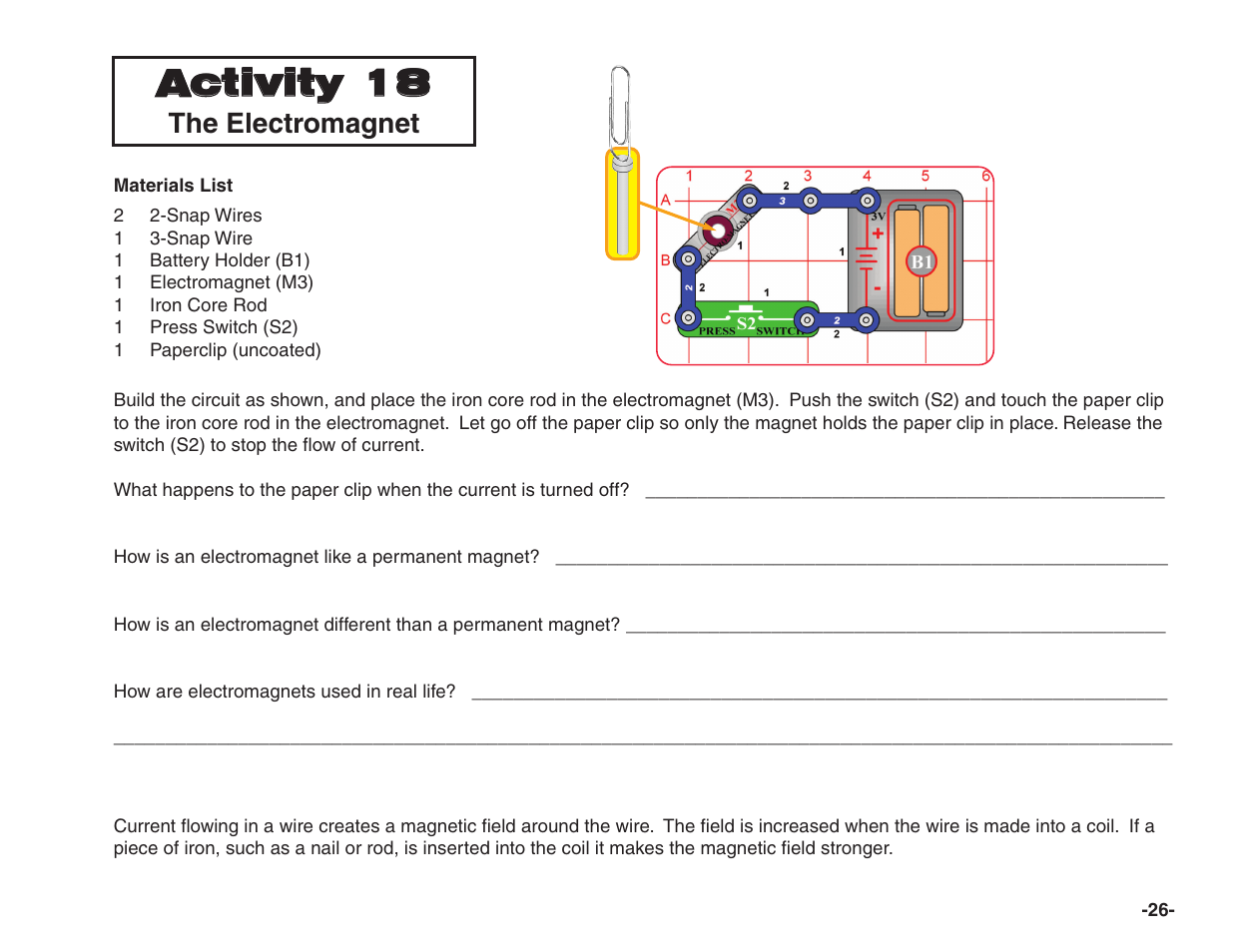 Activity 18, The electromagnet | Elenco Snap Circuits® Home Learning User Manual | Page 27 / 48