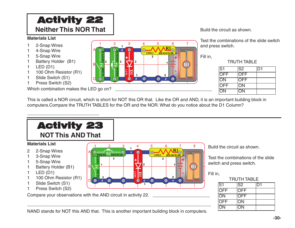 Activity 22, Activity 23, Neither this nor that | Not this and that | Elenco Snap Circuits® Home Learning User Manual | Page 31 / 48