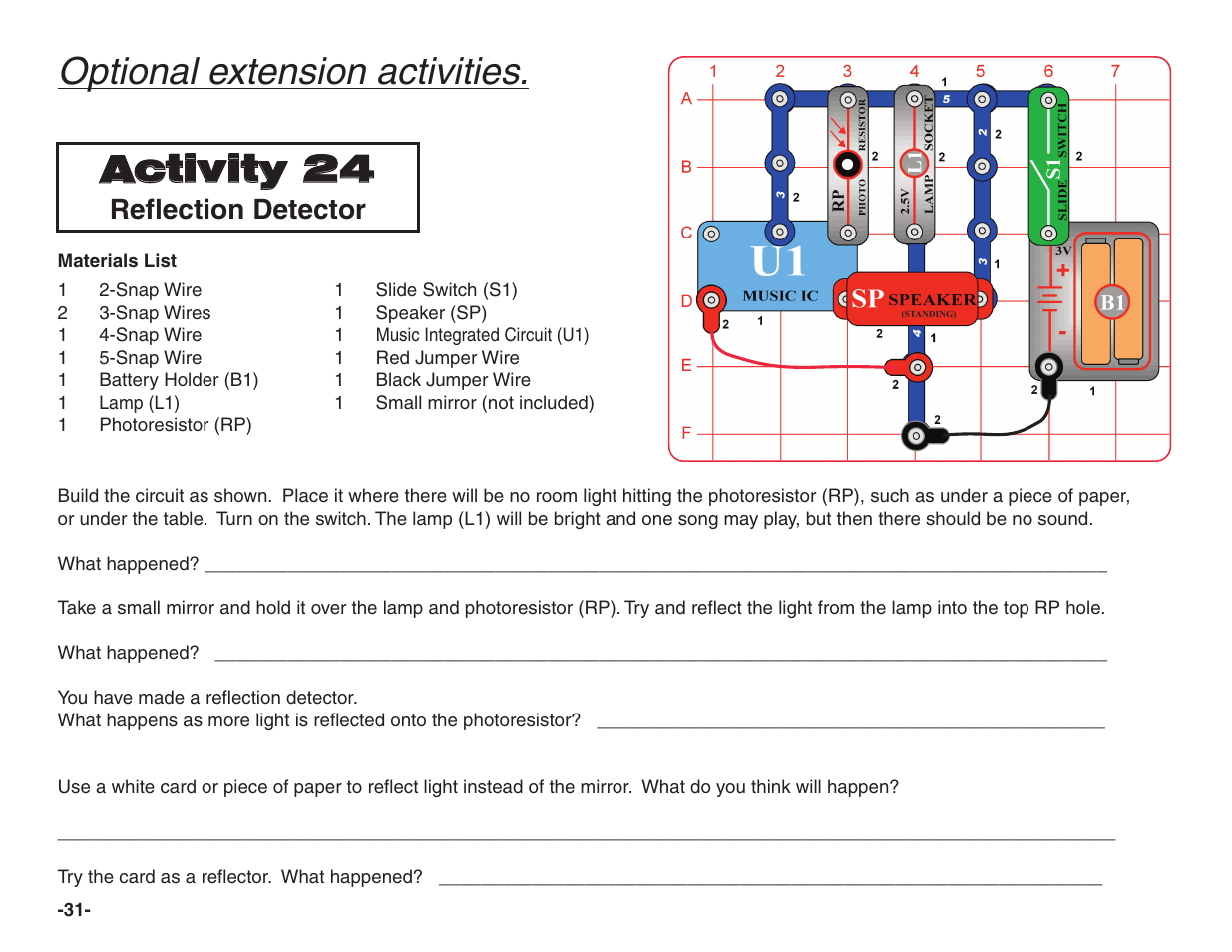 Optional extension activities. activity 24, Reflection detector | Elenco Snap Circuits® Home Learning User Manual | Page 32 / 48