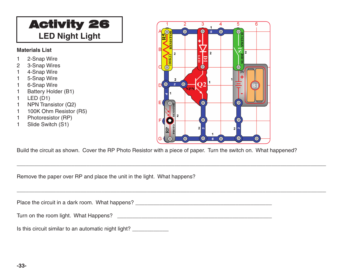 Activity 26, Led night light | Elenco Snap Circuits® Home Learning User Manual | Page 34 / 48