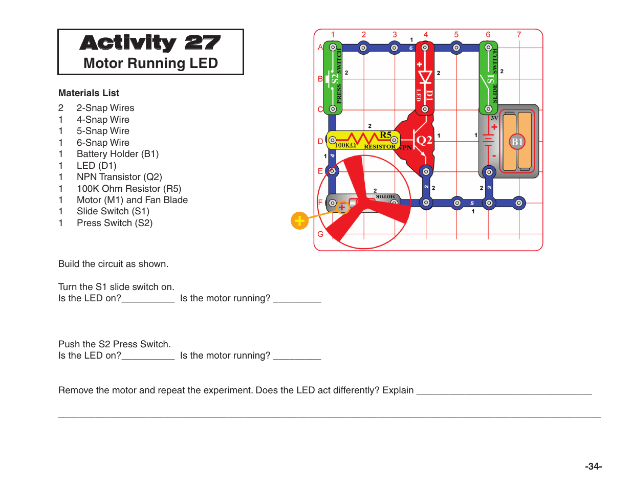 Activity 27, Motor running led | Elenco Snap Circuits® Home Learning User Manual | Page 35 / 48