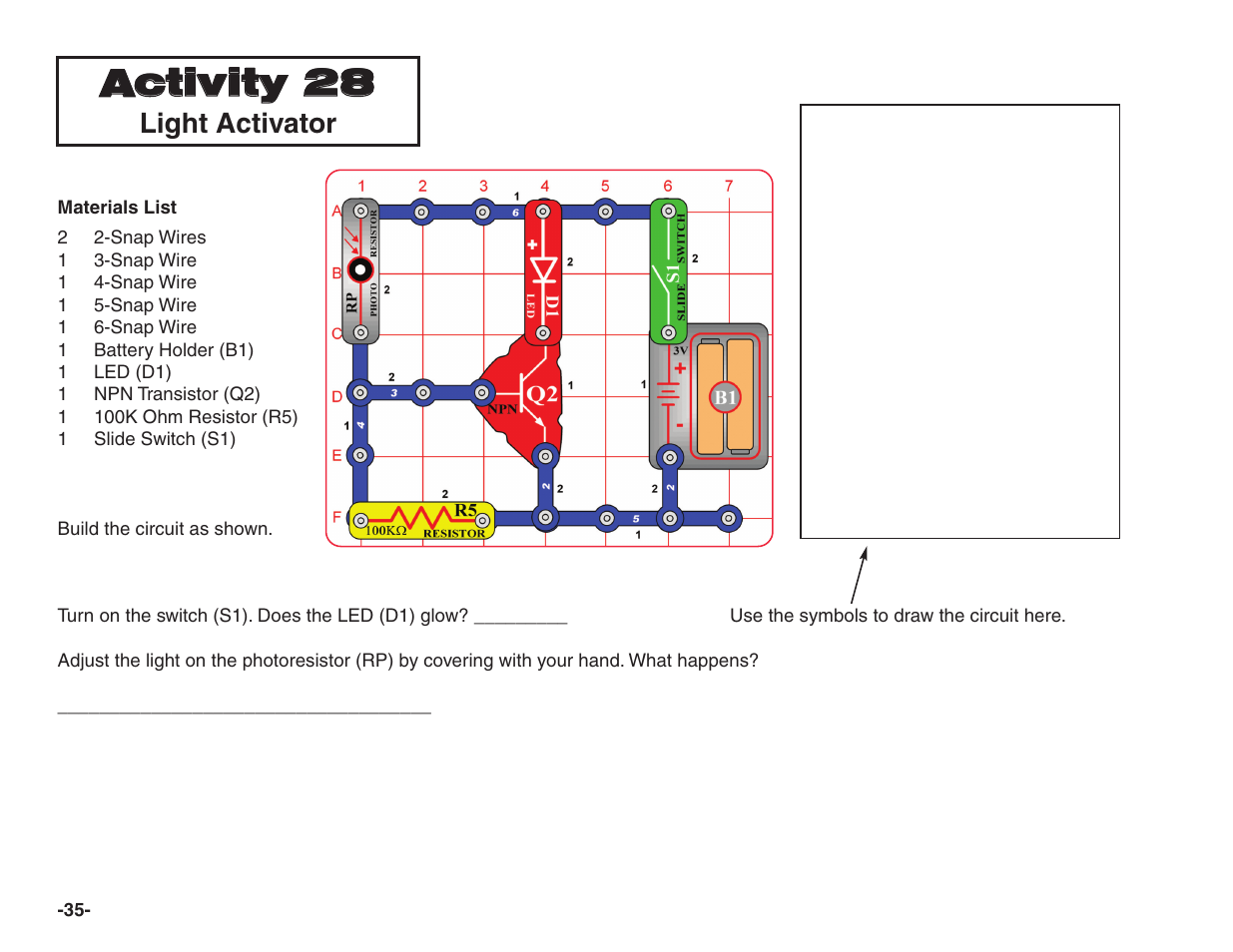 Activity 28, Light activator | Elenco Snap Circuits® Home Learning User Manual | Page 36 / 48