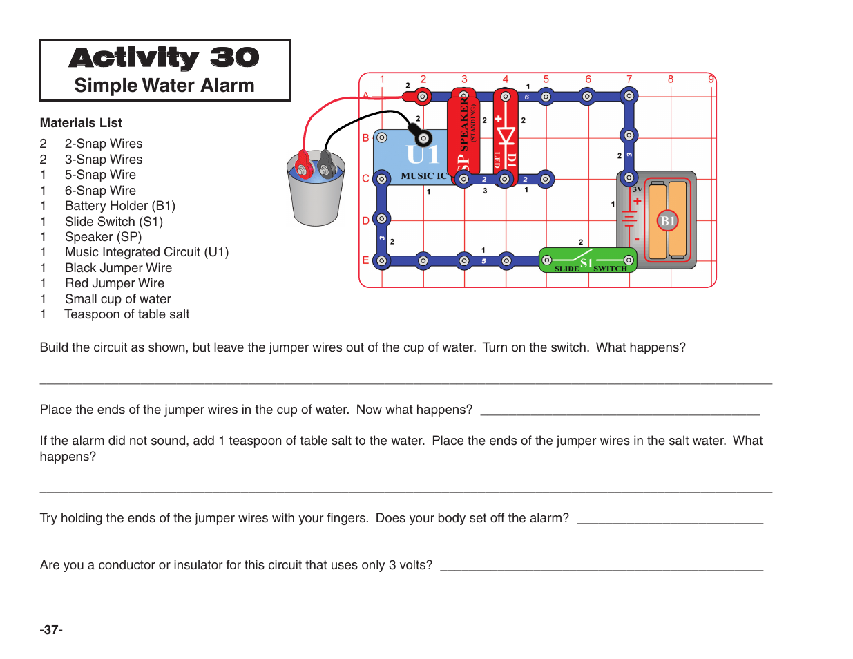 Activity 30, Simple water alarm | Elenco Snap Circuits® Home Learning User Manual | Page 38 / 48