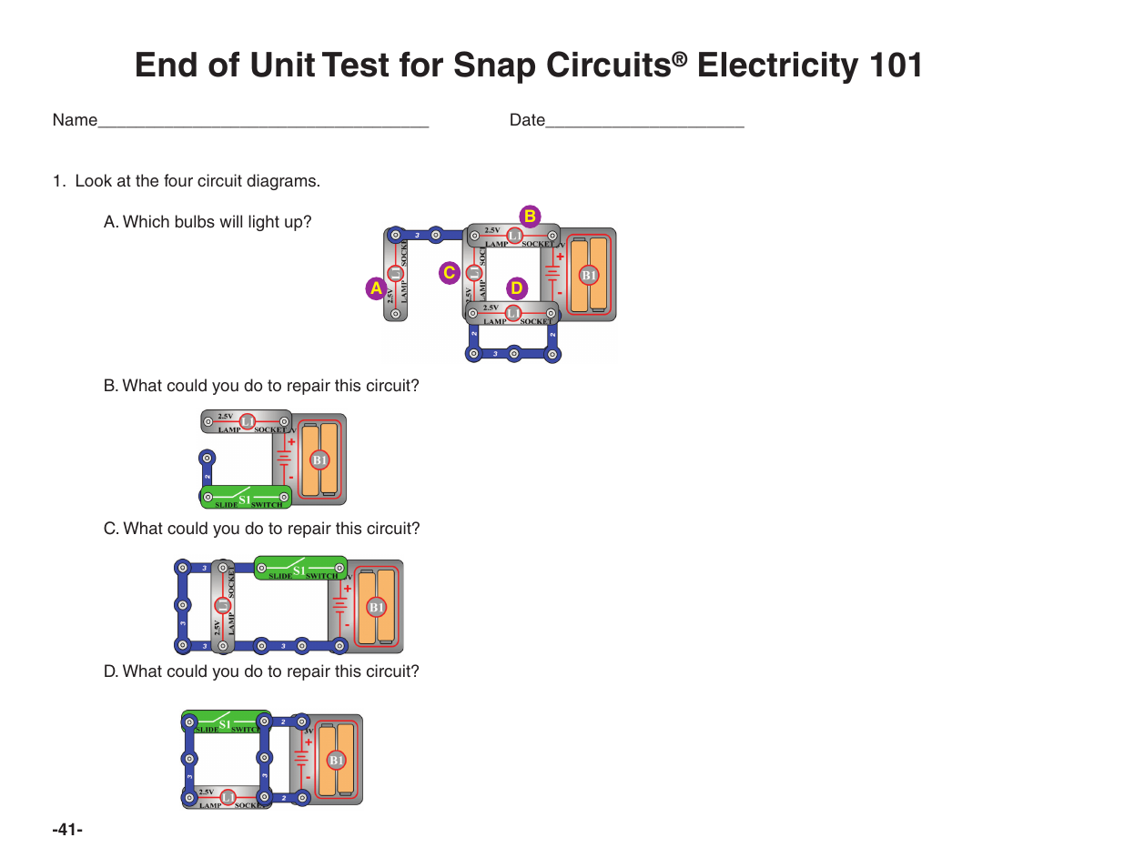 End of unit test for snap circuits, Electricity 101 | Elenco Snap Circuits® Home Learning User Manual | Page 42 / 48