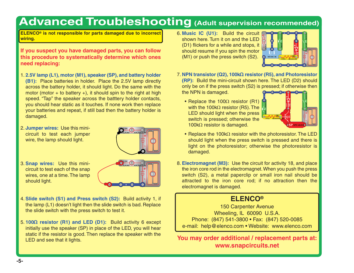 Advanced troubleshooting, Elenco | Elenco Snap Circuits® Home Learning User Manual | Page 6 / 48