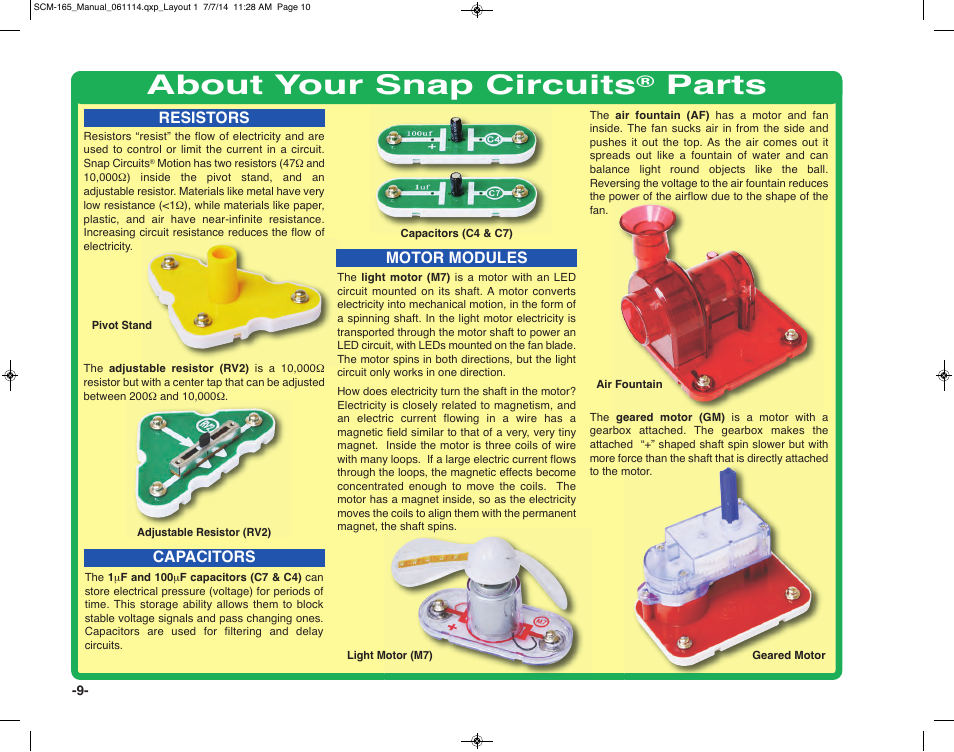 About your snap circuits, Parts | Elenco Snap Circuits Motion User Manual | Page 10 / 84