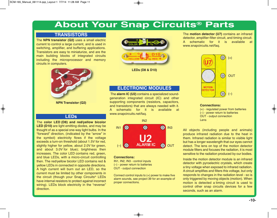 About your snap circuits, Parts, Electronic modules | Transistors, Leds | Elenco Snap Circuits Motion User Manual | Page 11 / 84