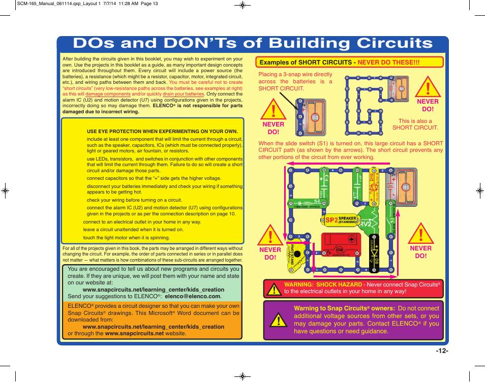 Dos and don’ts of building circuits | Elenco Snap Circuits Motion User Manual | Page 13 / 84