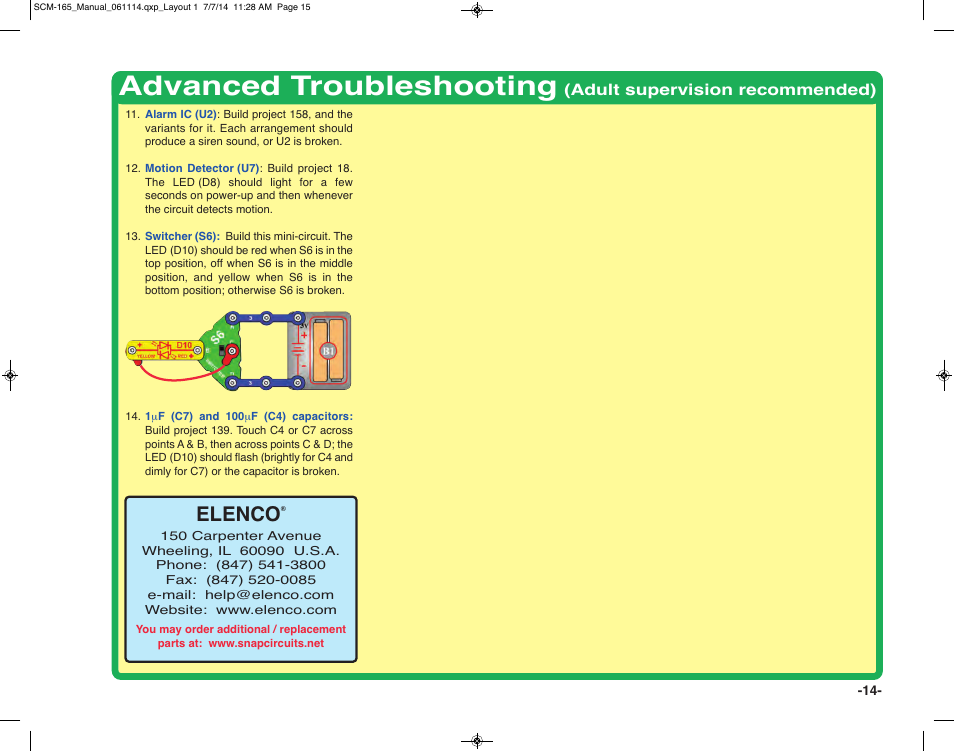 Advanced troubleshooting, Elenco | Elenco Snap Circuits Motion User Manual | Page 15 / 84