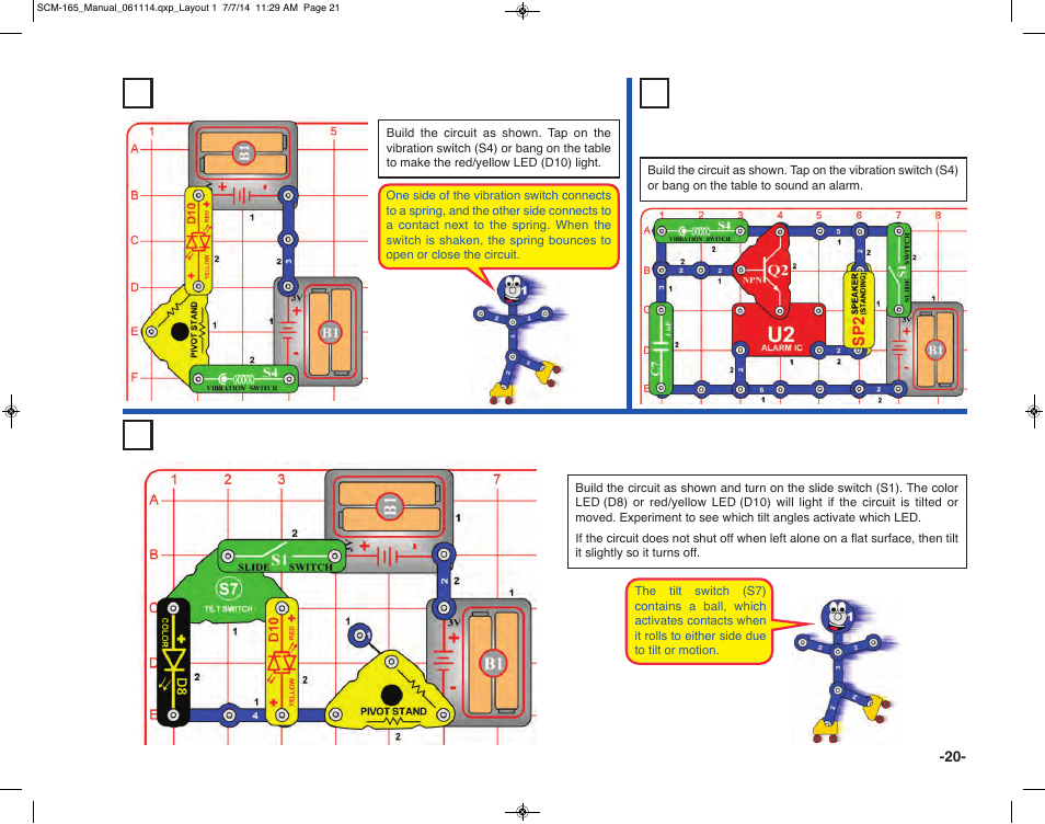 Project 11 vibration light, Project 12 vibration alarm, Project 13 tilt sensor | Elenco Snap Circuits Motion User Manual | Page 21 / 84