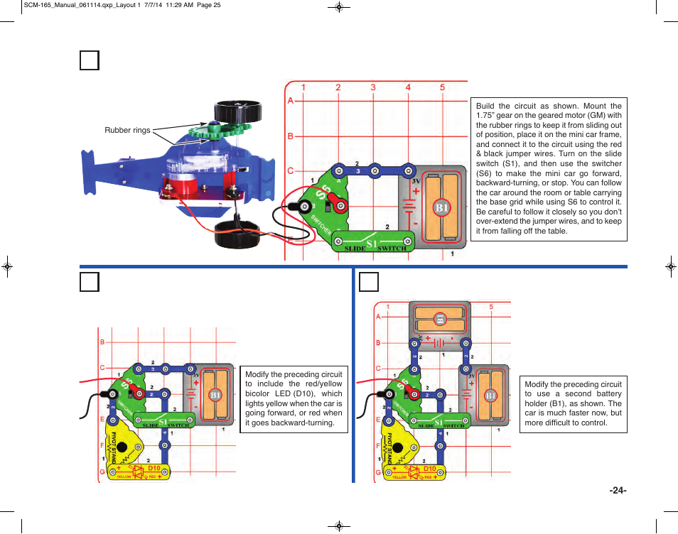Project 21 mini car project 23, Project 22 mini car with control light, High speed car | Elenco Snap Circuits Motion User Manual | Page 25 / 84