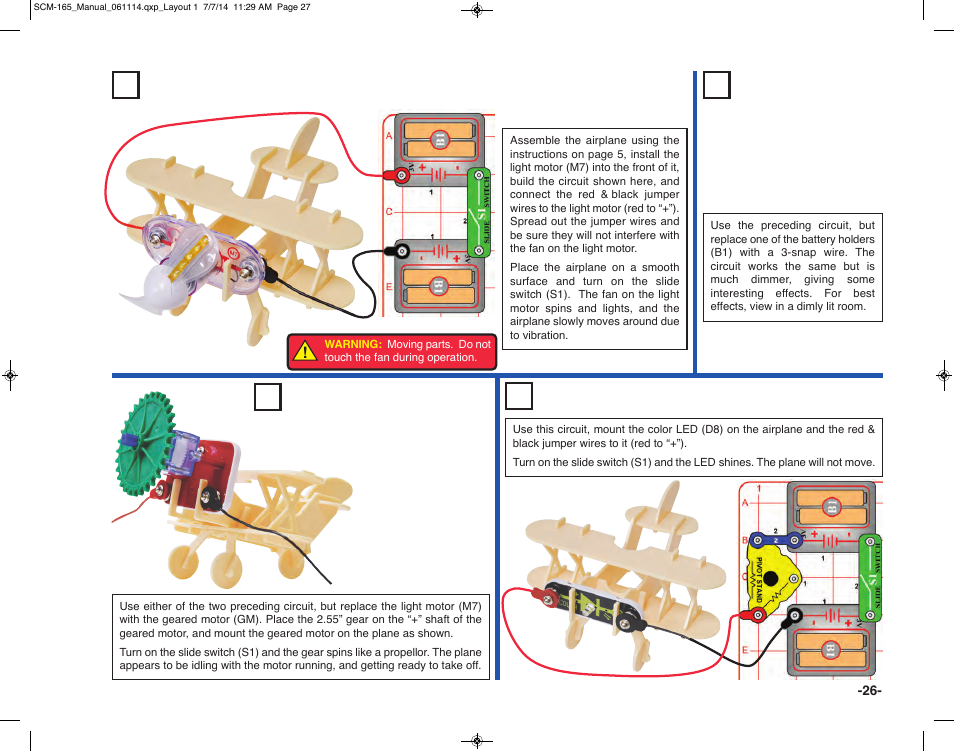 Project 27 it’s a plane! project 29 idling plane, Project 30 light plane, Project 28 low power plane | Elenco Snap Circuits Motion User Manual | Page 27 / 84