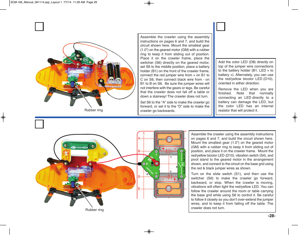 Project 34 crawler with on-board control, Project 35 crawler with light, Project 36 crawler with motion light | Elenco Snap Circuits Motion User Manual | Page 29 / 84