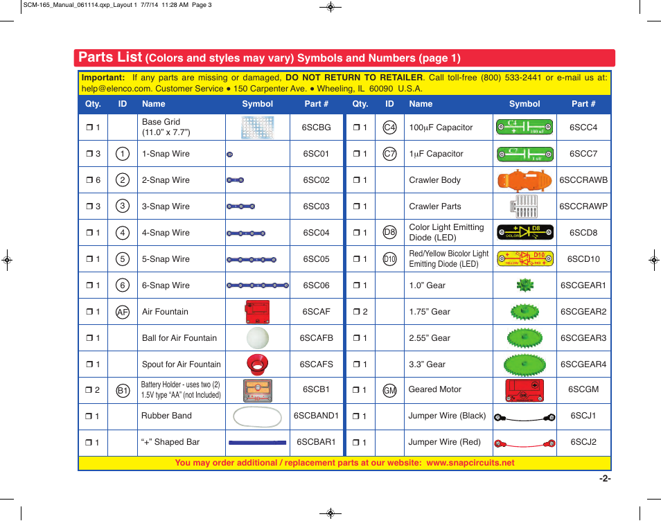 Parts list | Elenco Snap Circuits Motion User Manual | Page 3 / 84