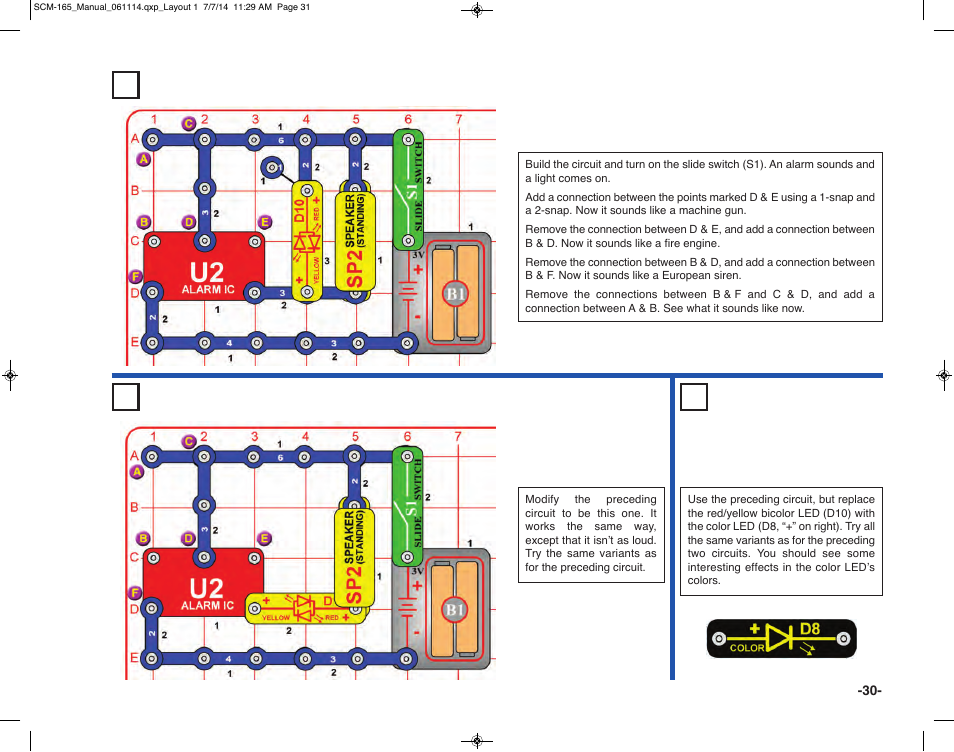 Project 39 alarm sounds & lights, Project 40 softer alarms, Project 41 funky colors alarms | Elenco Snap Circuits Motion User Manual | Page 31 / 84