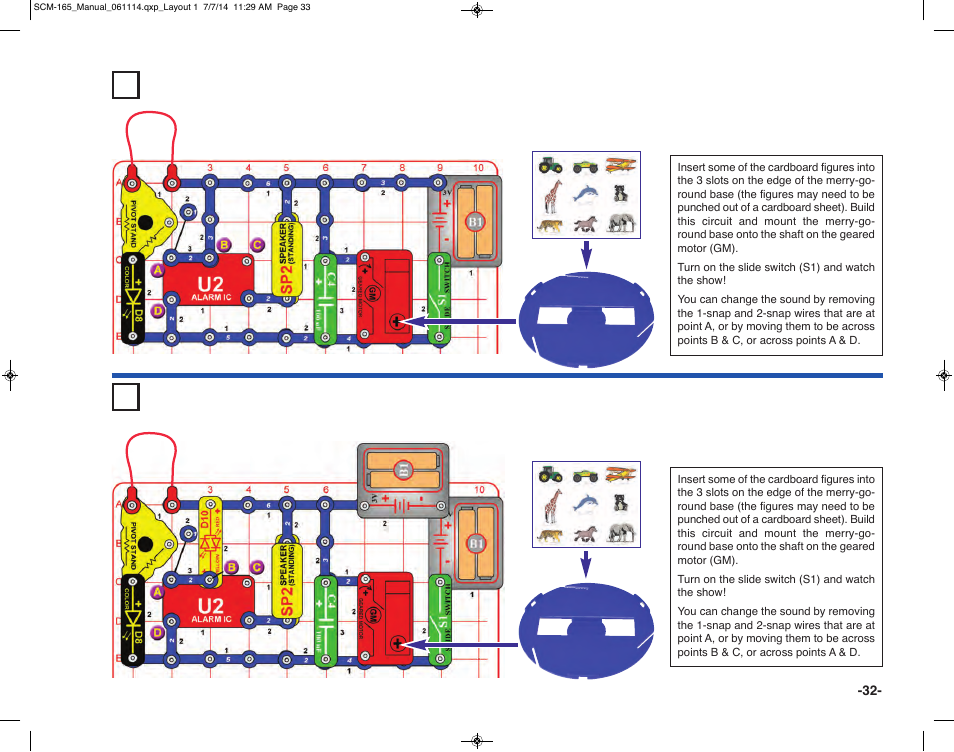 Project 45 merry-go-round with music & light, Project 46 fast merry-go-round with music & light | Elenco Snap Circuits Motion User Manual | Page 33 / 84