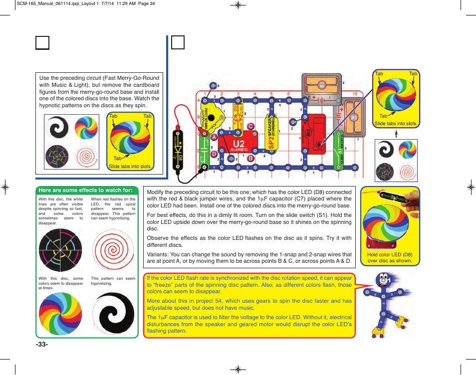 Project 47 hypnotic discs, Project 48 strobe light with music | Elenco Snap Circuits Motion User Manual | Page 34 / 84