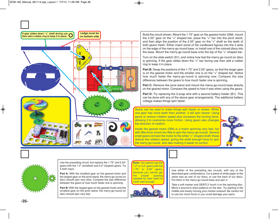 Project 51 fun with gears, Project 52 higher gear ratio, Project 53 spin draw | Elenco Snap Circuits Motion User Manual | Page 36 / 84