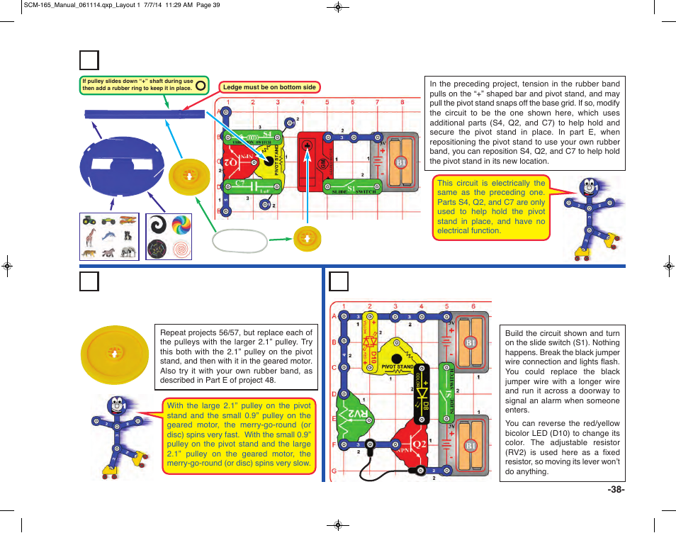 Project 58 more pulleys, Project 57, Project 59 trip-wire lights | Secure pulley | Elenco Snap Circuits Motion User Manual | Page 39 / 84