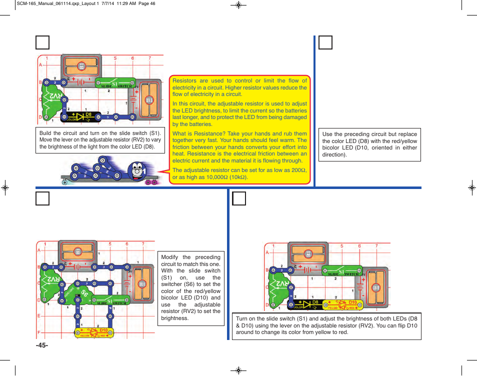 Project 70 color brightness adjuster, Project 71 red or yellow brightness adjuster, Project 72 red & yellow brightness adjuster | Project 73 double brightness adjuster | Elenco Snap Circuits Motion User Manual | Page 46 / 84