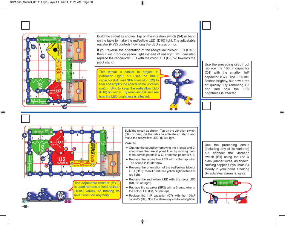 Project 83 super vibration light, Project 85 vibration alarms & lights, Project 84 fast vibration light | Project 86 shaky alarms & lights | Elenco Snap Circuits Motion User Manual | Page 50 / 84