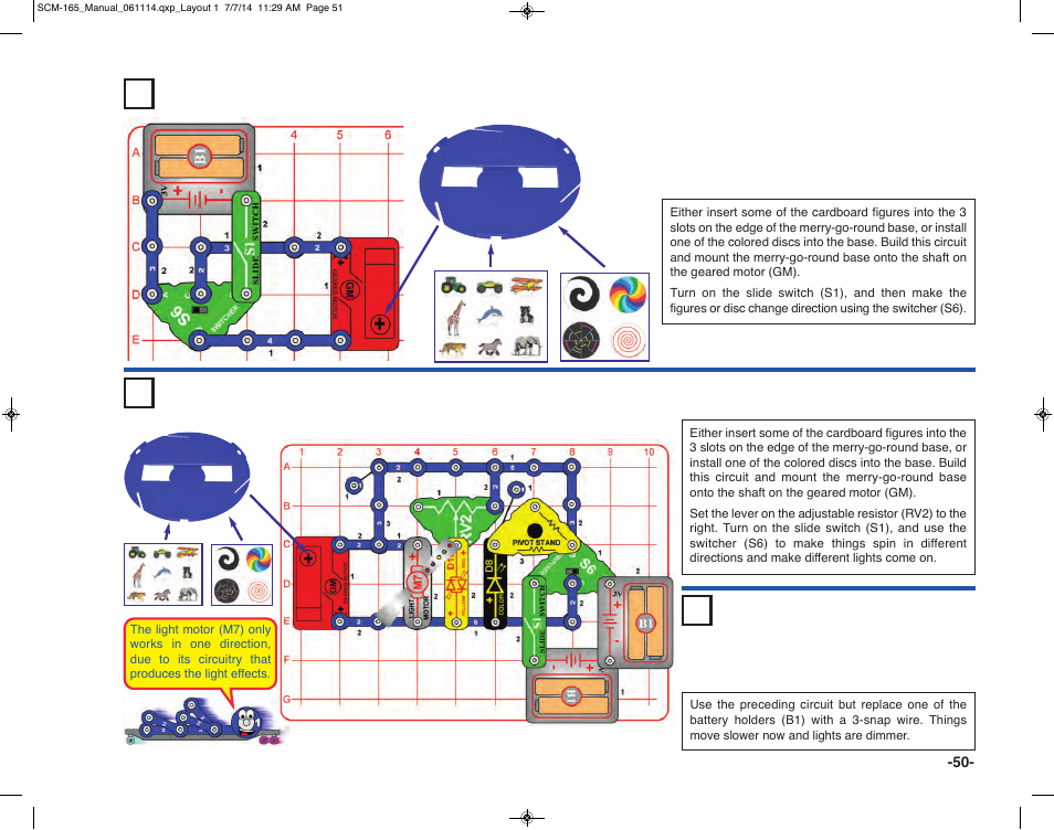Project 87, Project 88 two-way circuit, Reversible merry-go-round | Project 89 low power two-way circuit | Elenco Snap Circuits Motion User Manual | Page 51 / 84