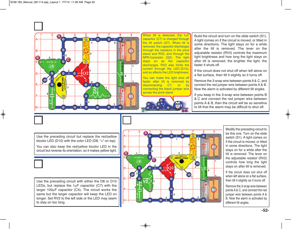 Project 93 adjustable slow off tilt light, Project 95 very slow off tilt light | Elenco Snap Circuits Motion User Manual | Page 53 / 84