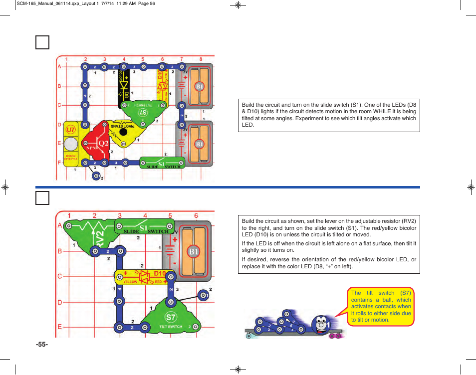 Project 105 tilted motion detector, Project 106 tilt off | Elenco Snap Circuits Motion User Manual | Page 56 / 84