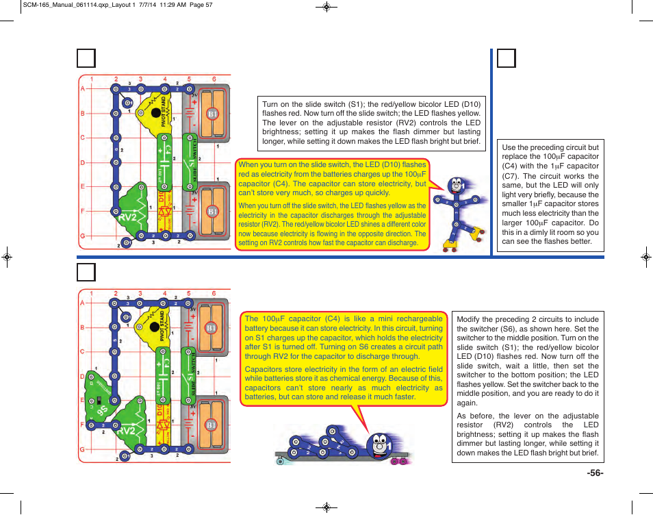 Project 107 electricity in, electricity out, Project 109, Mini rechargeable battery | Project 108 little electricity in/out | Elenco Snap Circuits Motion User Manual | Page 57 / 84