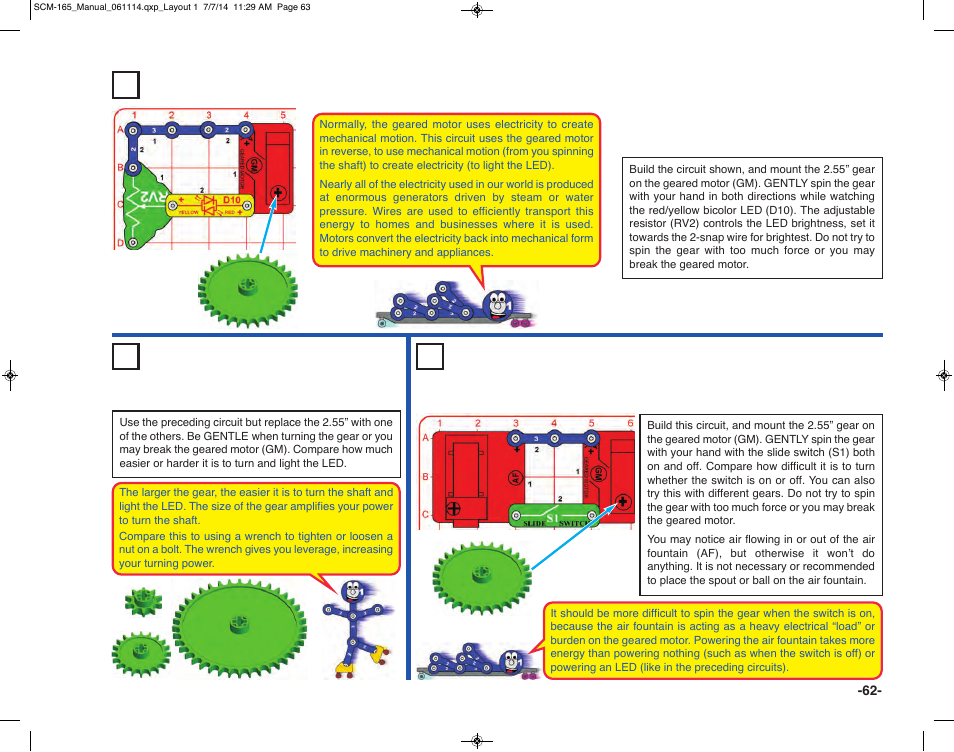 Project 122 generator, Project 123 leverage, Project 124 generator load | Elenco Snap Circuits Motion User Manual | Page 63 / 84