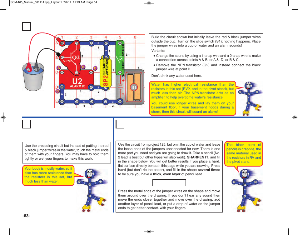 Project 125 water alarm, Project 126 human alarm, Project 127 draw an alarm | Elenco Snap Circuits Motion User Manual | Page 64 / 84