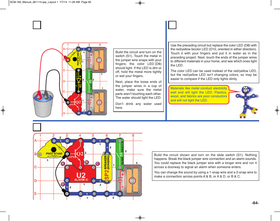 Project 128 human & water light, Project 130 trip-wire alarm, Project 129 conduction detector | Elenco Snap Circuits Motion User Manual | Page 65 / 84