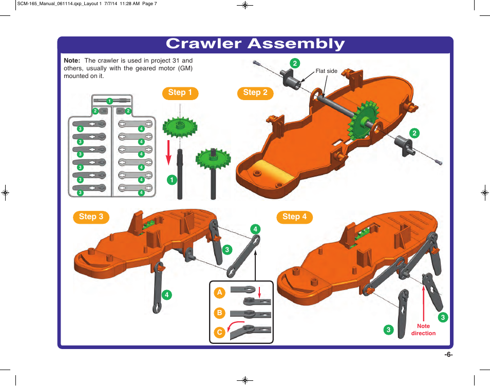 Crawler assembly, Step 3 step 4 step 2, Step 1 | Elenco Snap Circuits Motion User Manual | Page 7 / 84