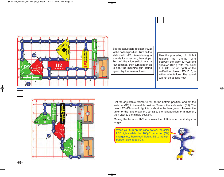 Project 141 short burst machine gun, Project 143 short-on light, Project 142 short burst sound & lights | Elenco Snap Circuits Motion User Manual | Page 70 / 84