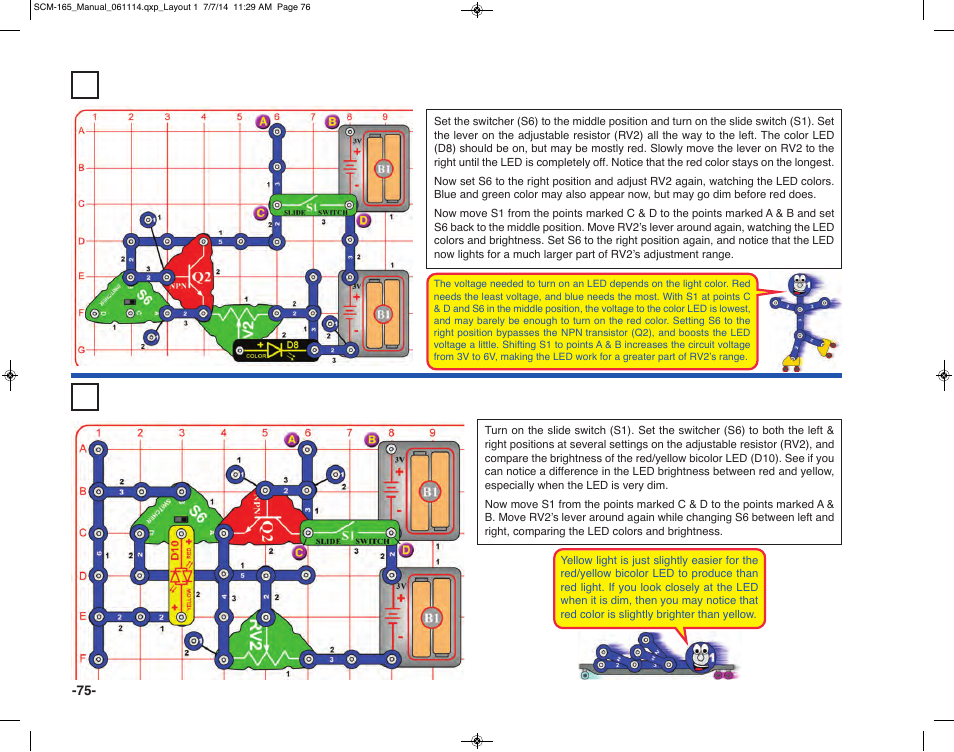 Project 157 red just before yellow, Project 156 red lights first | Elenco Snap Circuits Motion User Manual | Page 76 / 84
