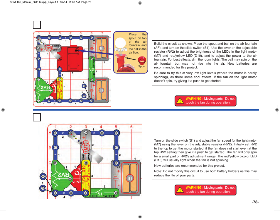 Project 162 adjustable light motor, Project 163 adjustable low speed fan | Elenco Snap Circuits Motion User Manual | Page 79 / 84