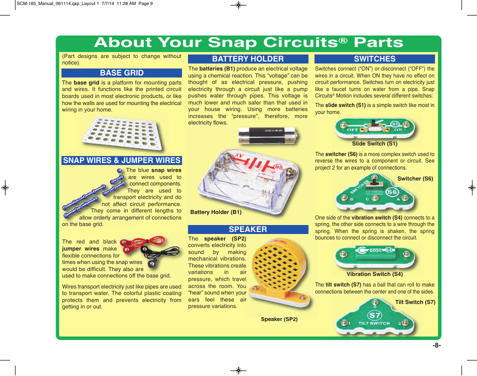 About your snap circuits, Parts | Elenco Snap Circuits Motion User Manual | Page 9 / 84