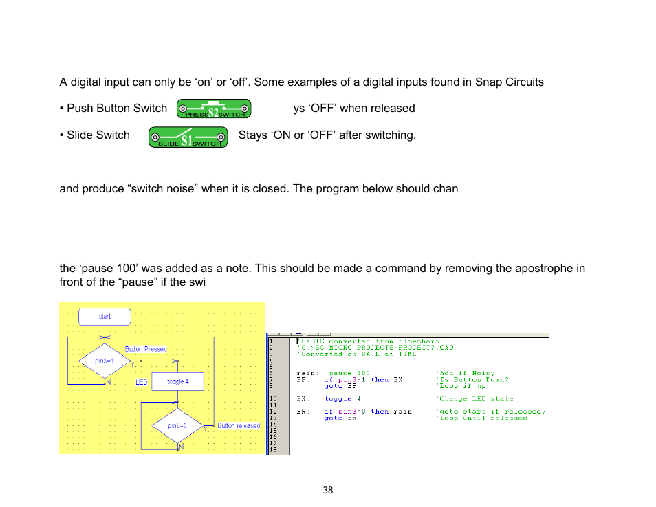 Project 7: switches and digital inputs | Elenco Snap Circuits SnapMicro ® I Standard User Manual | Page 39 / 87