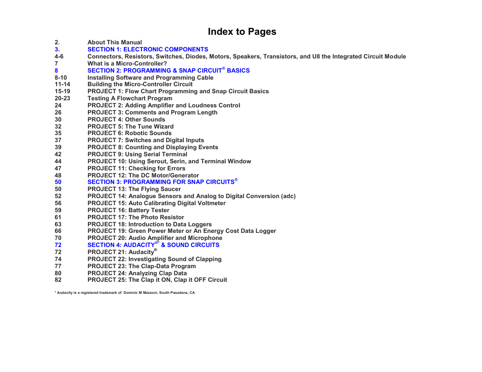 Index to pages | Elenco Snap Circuits SnapMicro I Deluxe ® User Manual | Page 2 / 86